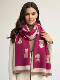 LARGE CASHMERE FUCHSIA PINK CAT PRINT REVERSIBLE WINTER SHAWL BLANKET SCARF