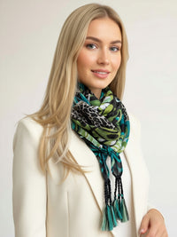 BLACK LEOPARD & FLORAL PRINT SQUARE TASSEL SCARF - A-SHU.CO.UK