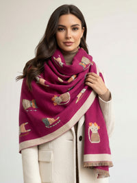 LARGE CASHMERE FUCHSIA PINK CAT PRINT REVERSIBLE WINTER SHAWL BLANKET SCARF