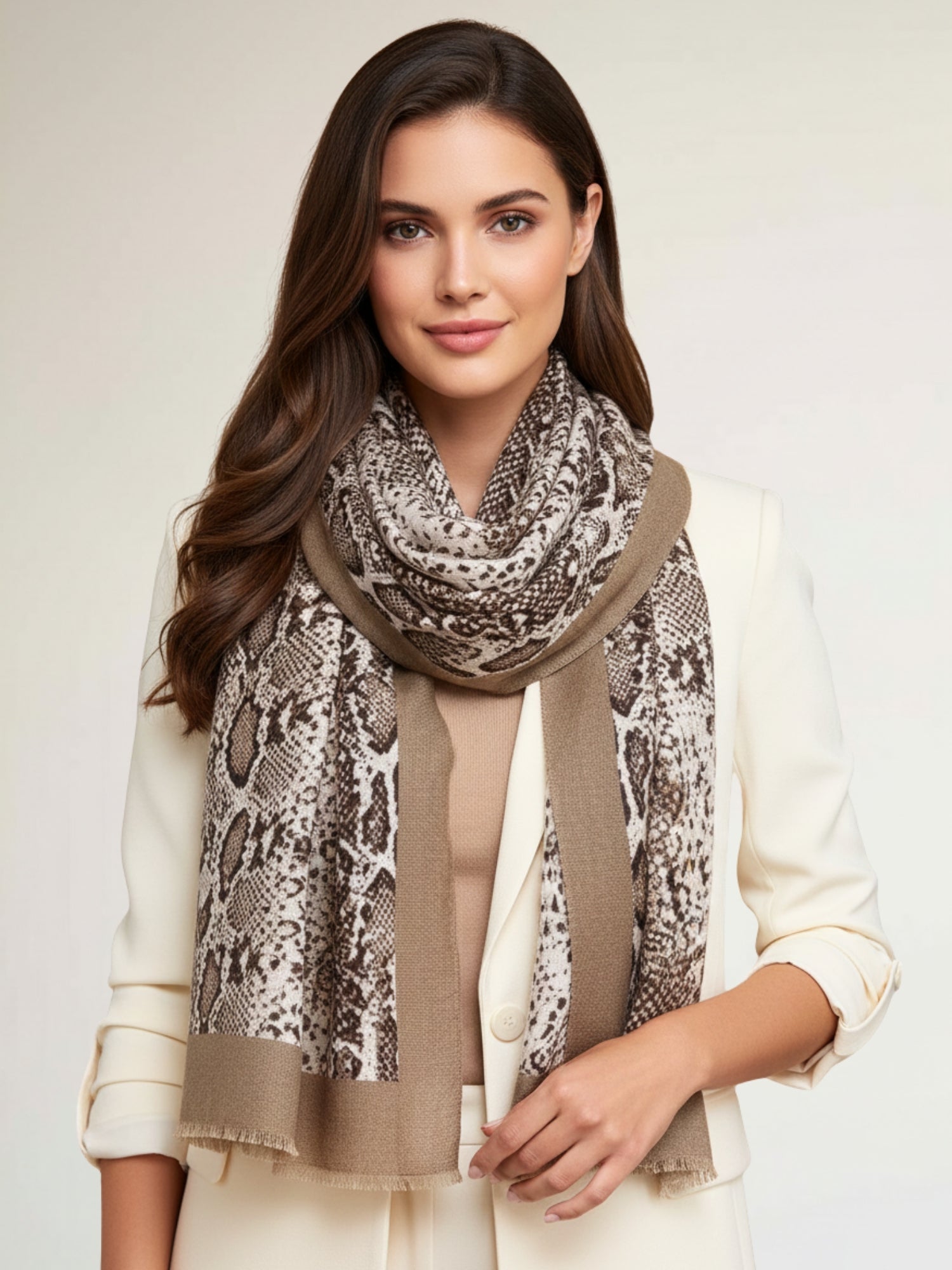 LONG TAUPE SNAKESKIN PRINT LIGHTWEIGHT SCARF