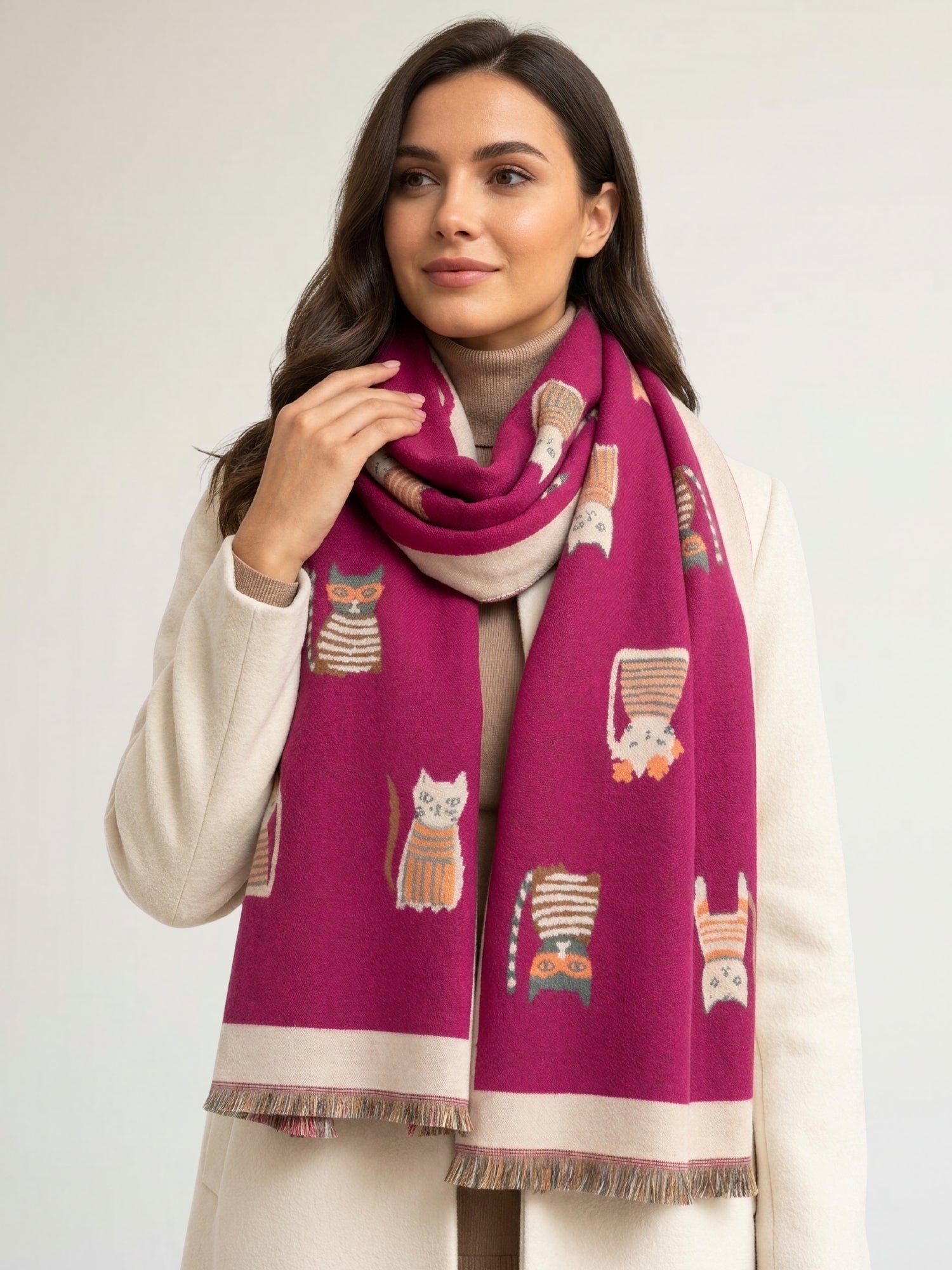 LARGE CASHMERE FUCHSIA PINK CAT PRINT REVERSIBLE WINTER SHAWL BLANKET SCARF