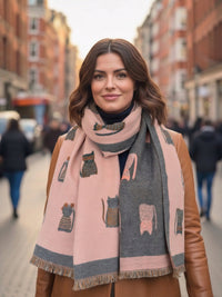 LARGE CASHMERE PINK/GREY CAT PRINT REVERSIBLE WINTER SHAWL BLANKET SCARF