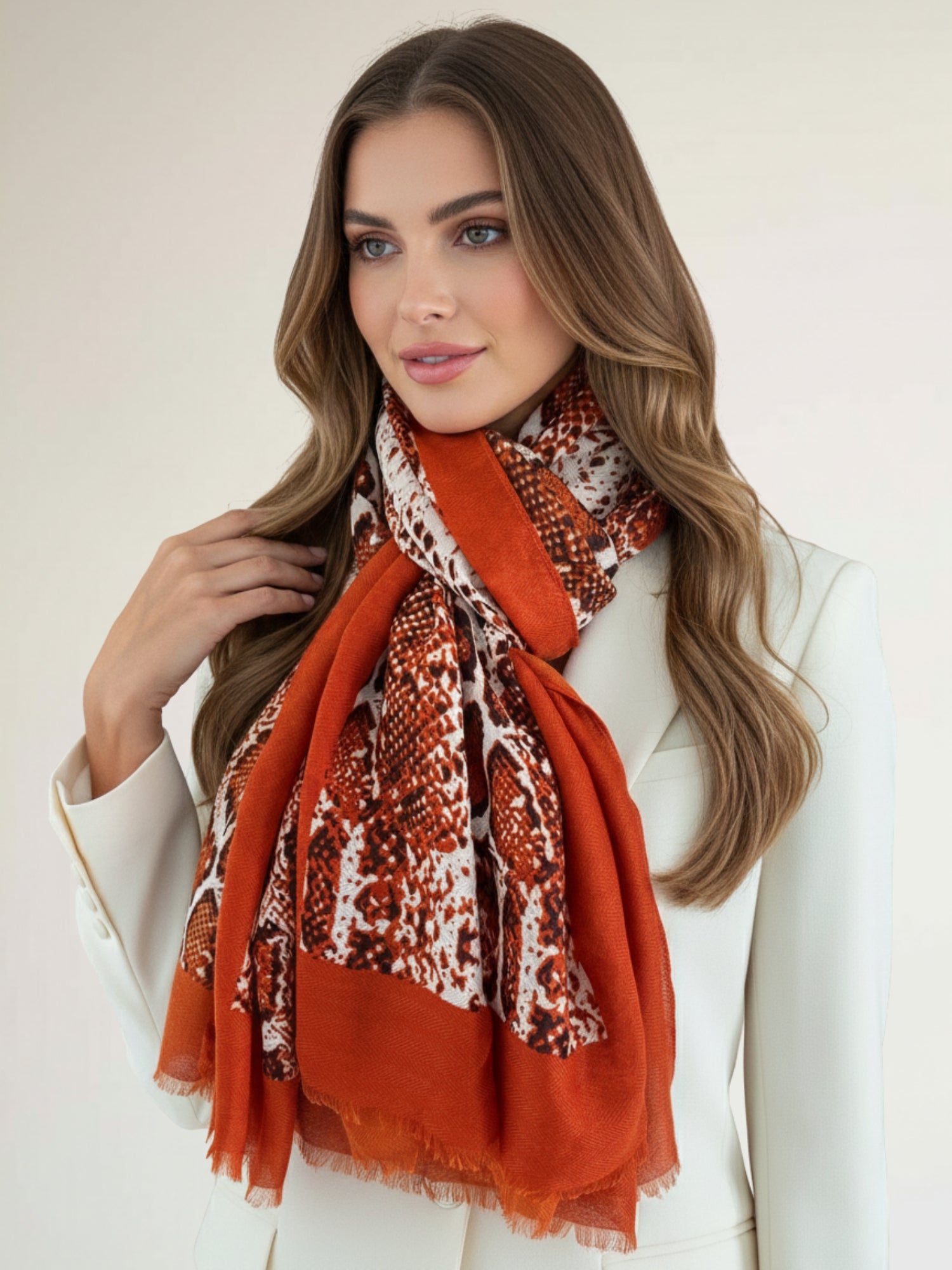 LONG RUST ORANGE SNAKESKIN PRINT LIGHTWEIGHT SCARF