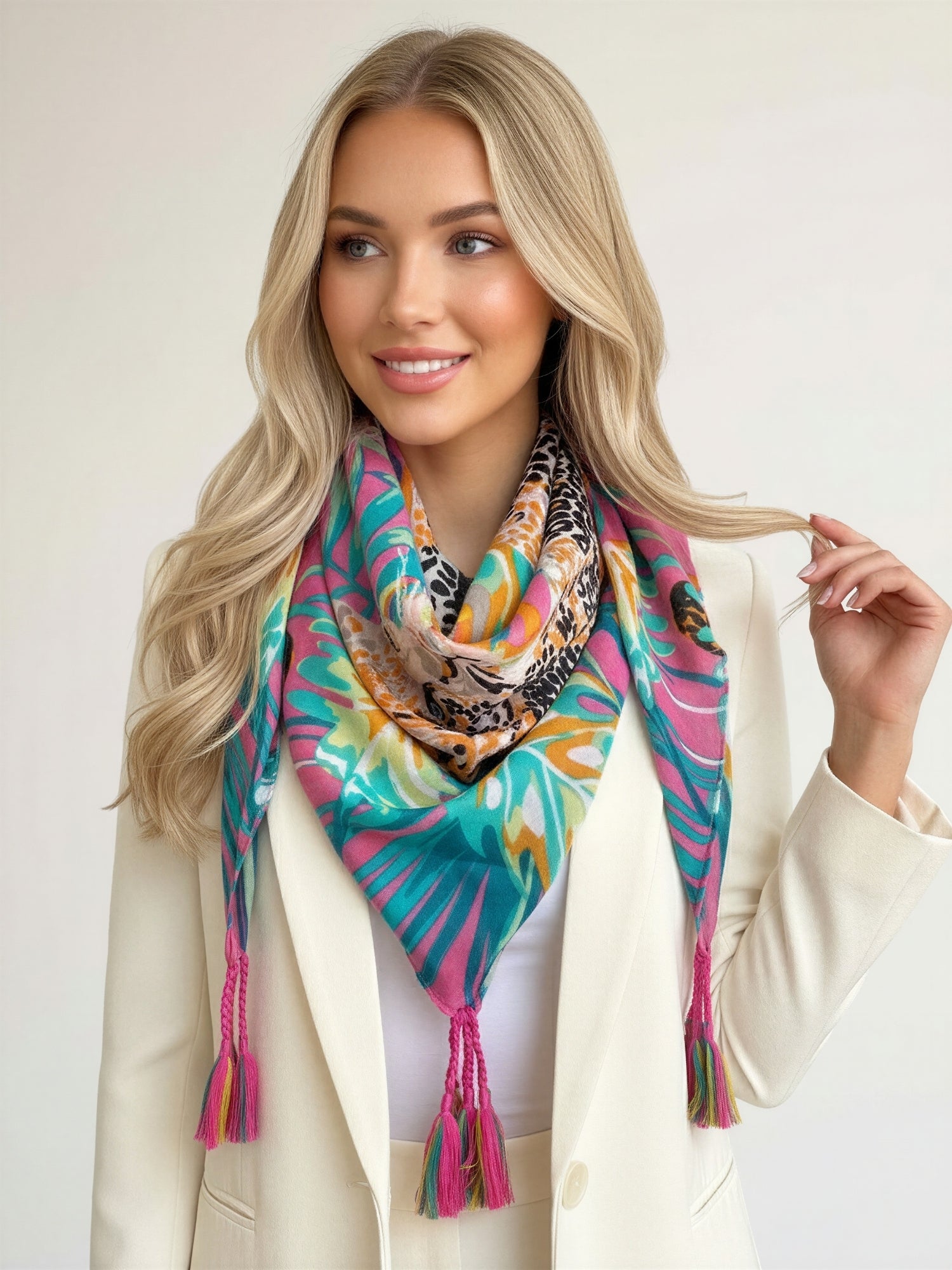 PINK LEOPARD & FLORAL PRINT SQUARE TASSEL SCARF - A-SHU.CO.UK