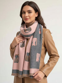 LARGE CASHMERE PINK/GREY CAT PRINT REVERSIBLE WINTER SHAWL BLANKET SCARF