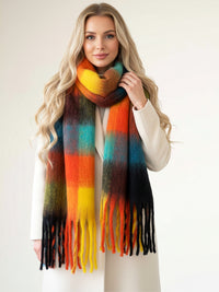 BLACK CHECKED WOOL RAINBOW BLANKET SCARF OVERSIZED WINTER SHAWL WRAP