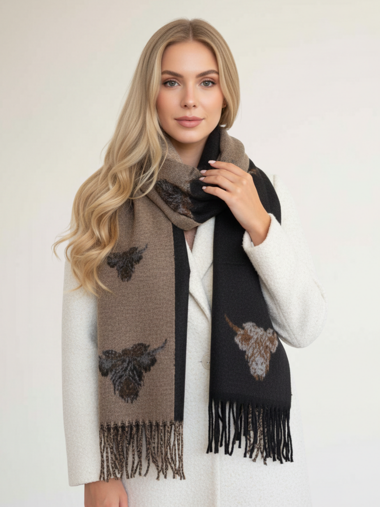 LARGE BLACK HIGHLAND COW CASHMERE REVERSIBLE SHAWL SCARF