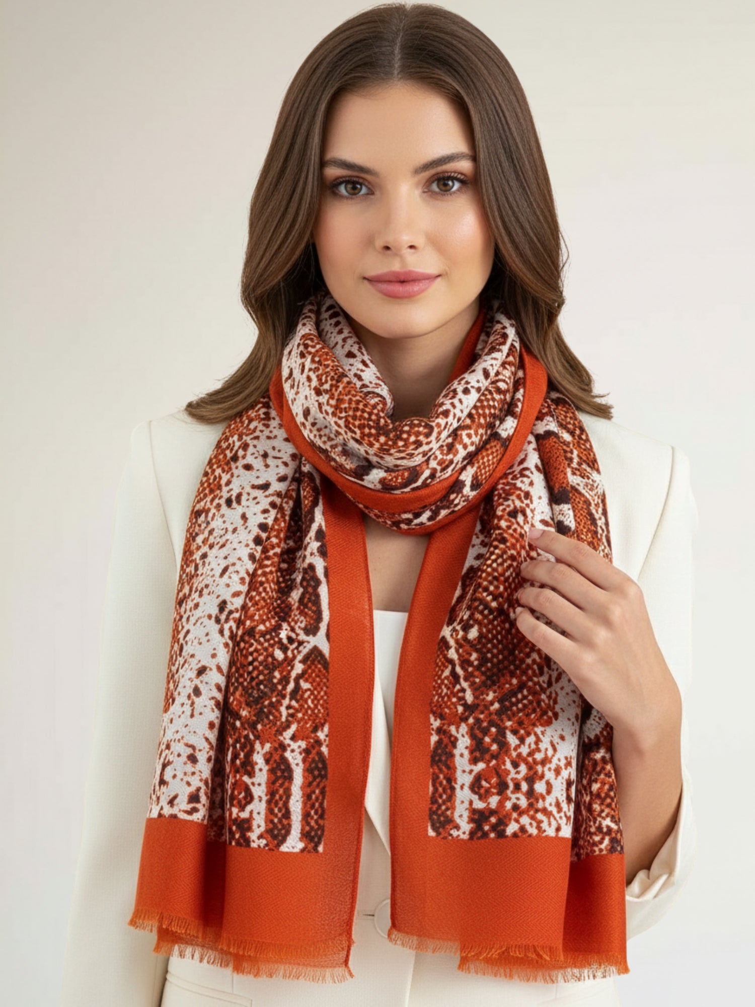 LONG RUST ORANGE SNAKESKIN PRINT LIGHTWEIGHT SCARF