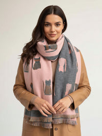 LARGE CASHMERE PINK/GREY CAT PRINT REVERSIBLE WINTER SHAWL BLANKET SCARF