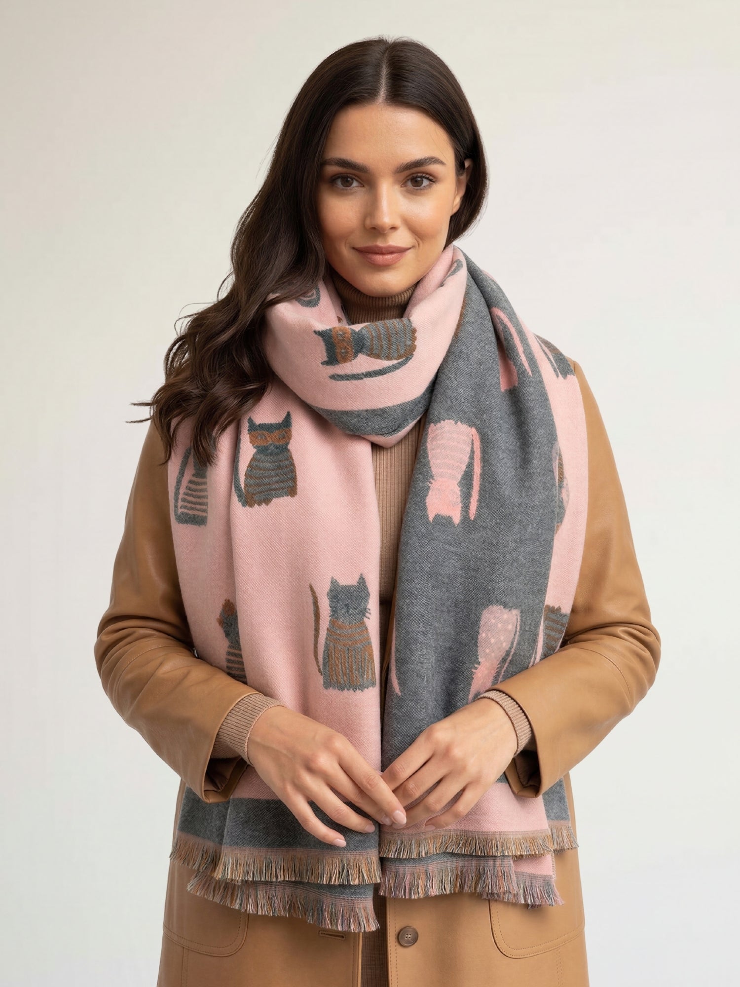 LARGE CASHMERE PINK/GREY CAT PRINT REVERSIBLE WINTER SHAWL BLANKET SCARF
