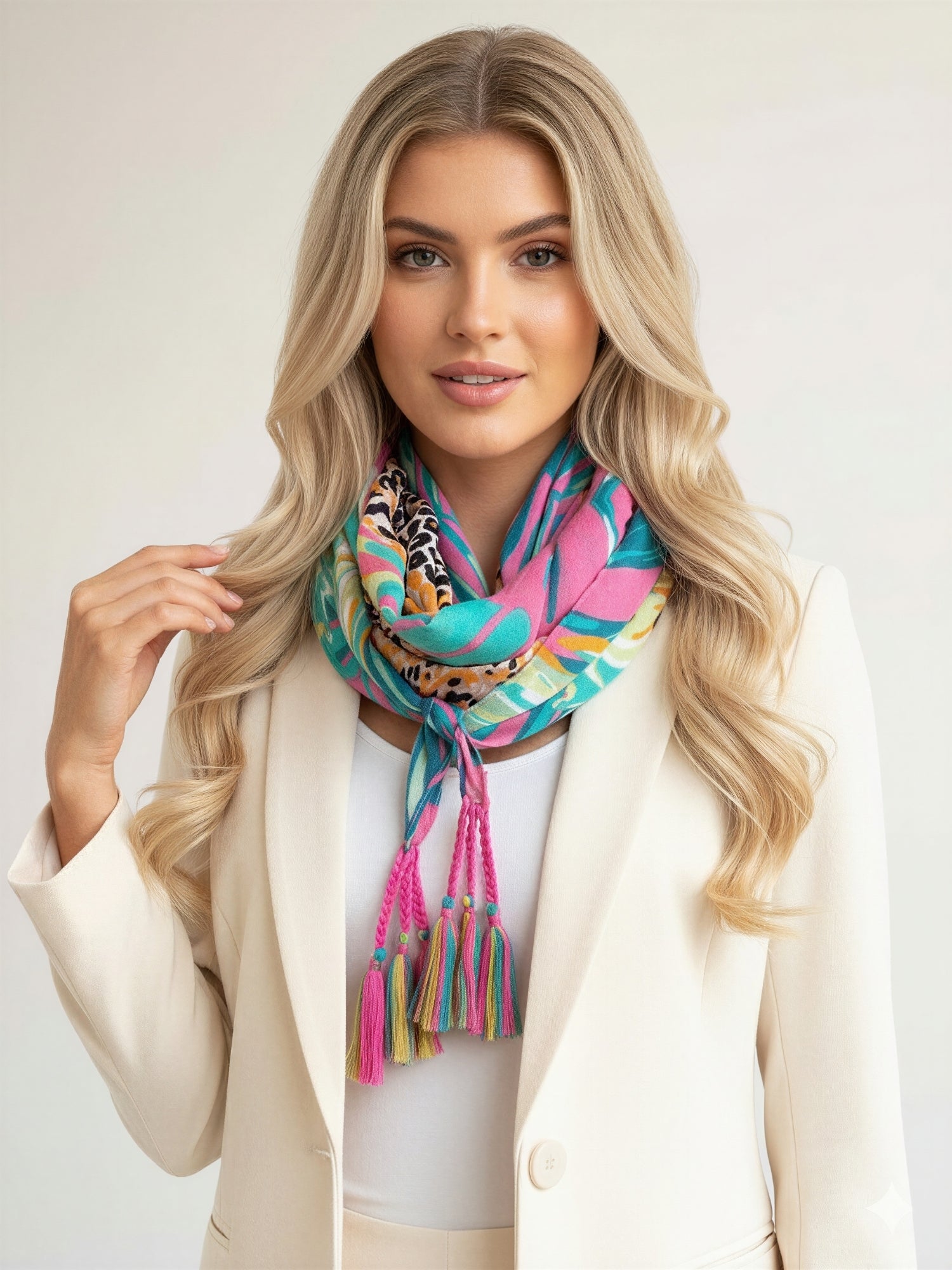 PINK LEOPARD & FLORAL PRINT SQUARE TASSEL SCARF - A-SHU.CO.UK