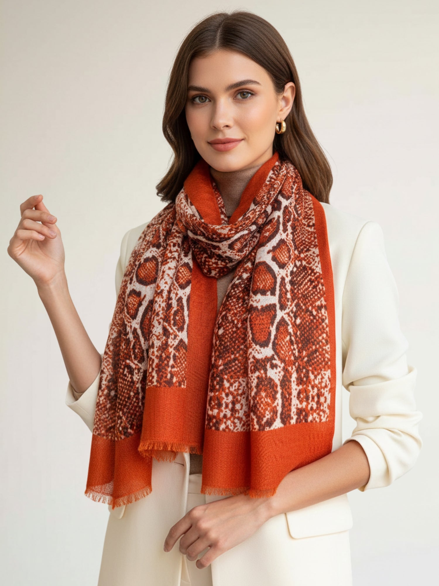 LONG RUST ORANGE SNAKESKIN PRINT LIGHTWEIGHT SCARF