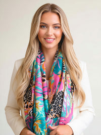 PINK LEOPARD & FLORAL PRINT SQUARE TASSEL SCARF - A-SHU.CO.UK
