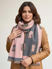 LARGE CASHMERE PINK/GREY CAT PRINT REVERSIBLE WINTER SHAWL BLANKET SCARF