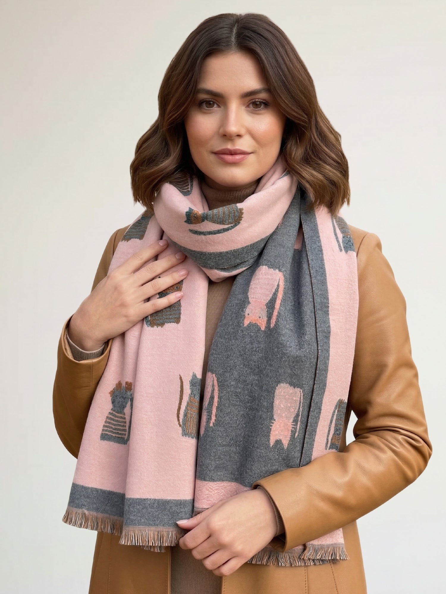 LARGE CASHMERE PINK/GREY CAT PRINT REVERSIBLE WINTER SHAWL BLANKET SCARF