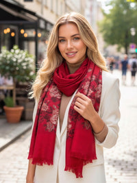 LARGE RED FLORAL PRINT SILKY FEEL PASHMINA SHAWL SCARF - A-SHU.CO.UK