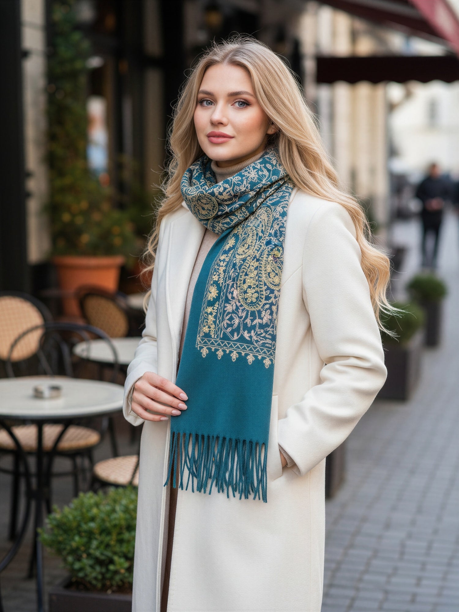 LARGE TEAL PAISLEY CASHMERE COTTON BLEND WINTER SHAWL BLANKET SCARF - A-SHU.CO.UK
