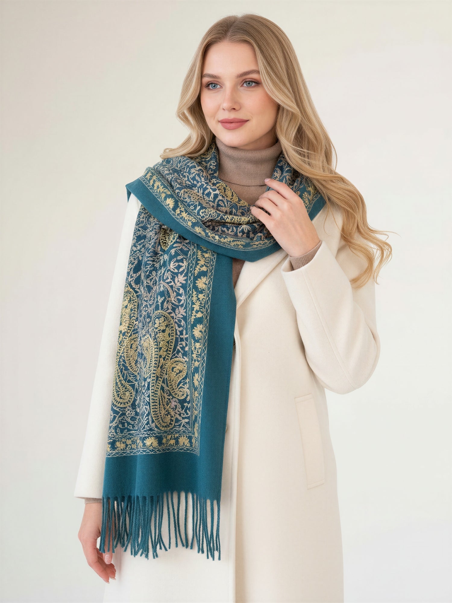 LARGE TEAL PAISLEY CASHMERE COTTON BLEND WINTER SHAWL BLANKET SCARF - A-SHU.CO.UK