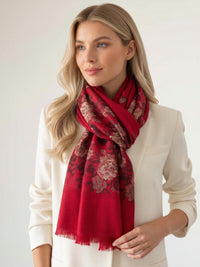 LARGE RED FLORAL PRINT SILKY FEEL PASHMINA SHAWL SCARF - A-SHU.CO.UK