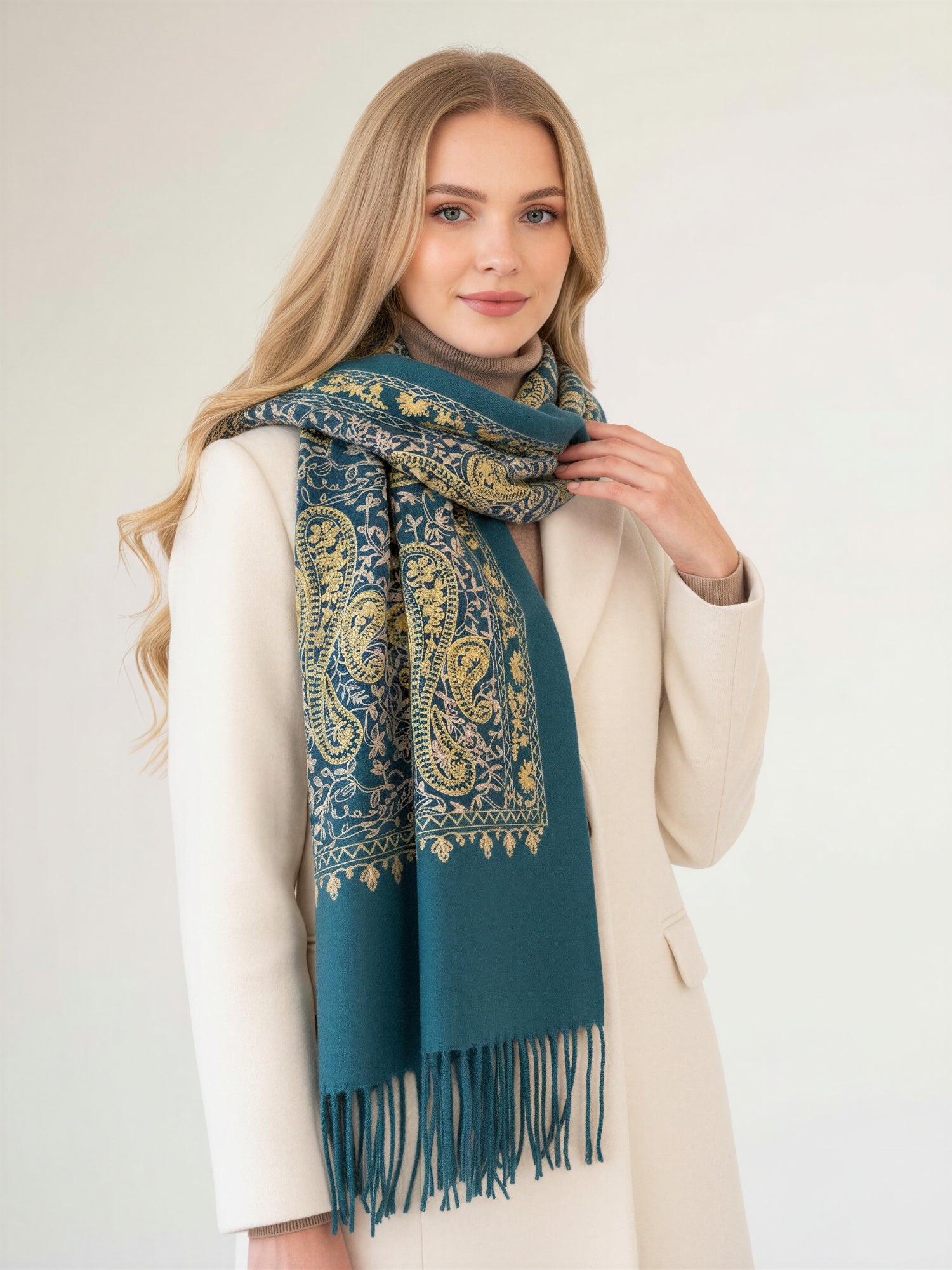 LARGE TEAL PAISLEY CASHMERE COTTON BLEND WINTER SHAWL BLANKET SCARF - A-SHU.CO.UK