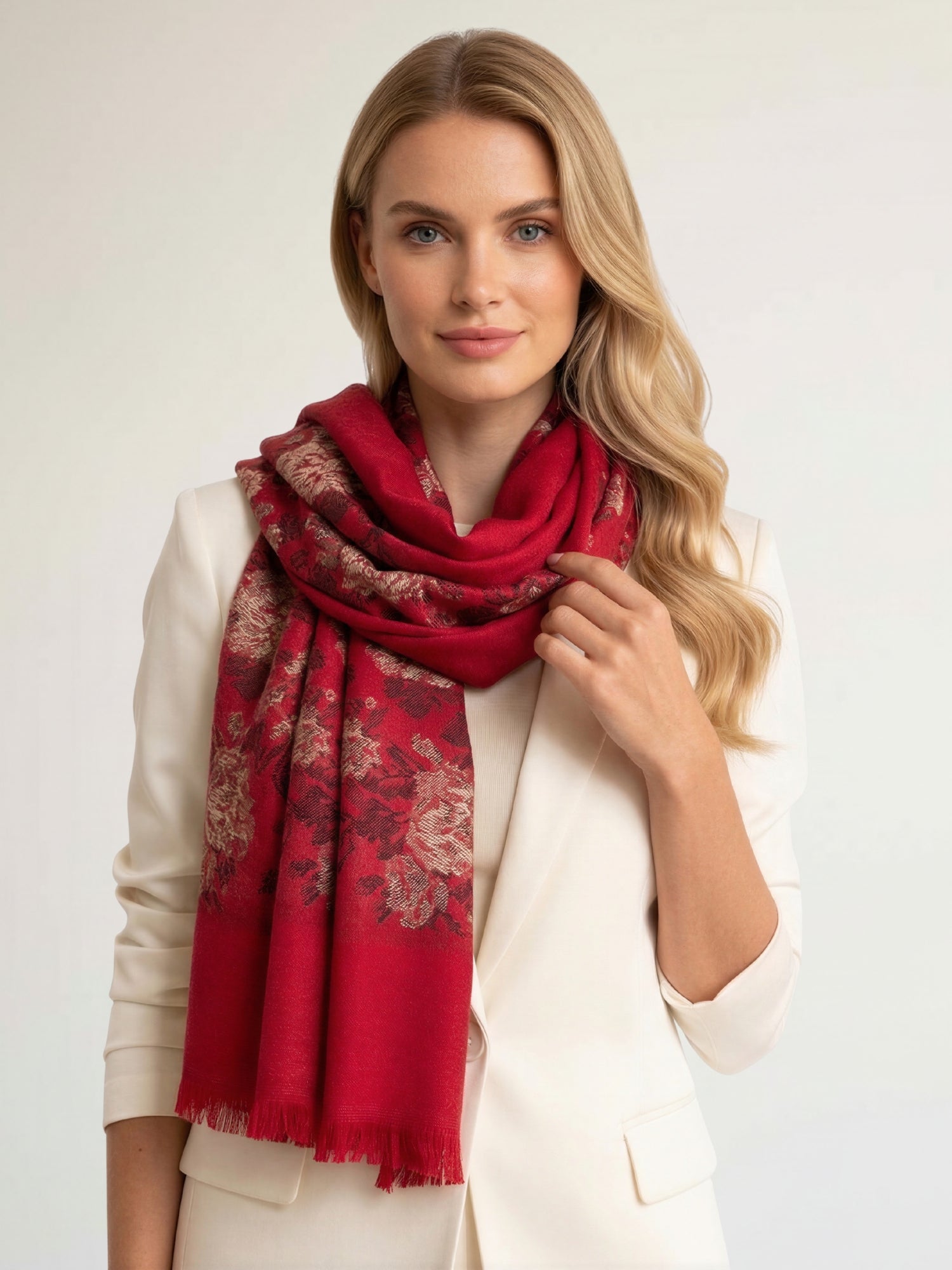 LARGE RED FLORAL PRINT SILKY FEEL PASHMINA SHAWL SCARF - A-SHU.CO.UK