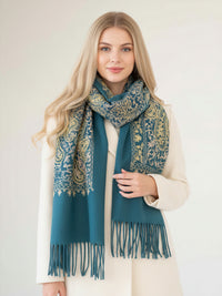 LARGE TEAL PAISLEY CASHMERE COTTON BLEND WINTER SHAWL BLANKET SCARF - A-SHU.CO.UK