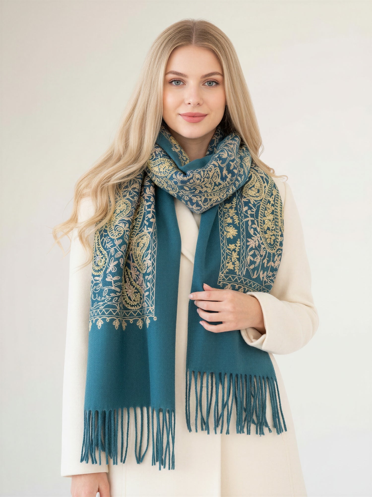 LARGE TEAL PAISLEY CASHMERE COTTON BLEND WINTER SHAWL BLANKET SCARF - A-SHU.CO.UK