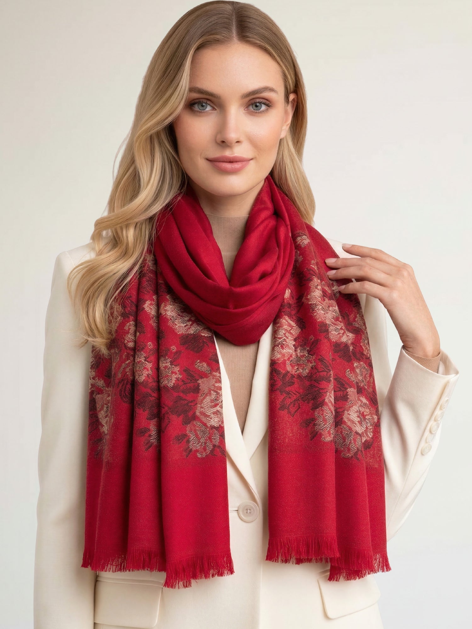 LARGE RED FLORAL PRINT SILKY FEEL PASHMINA SHAWL SCARF - A-SHU.CO.UK