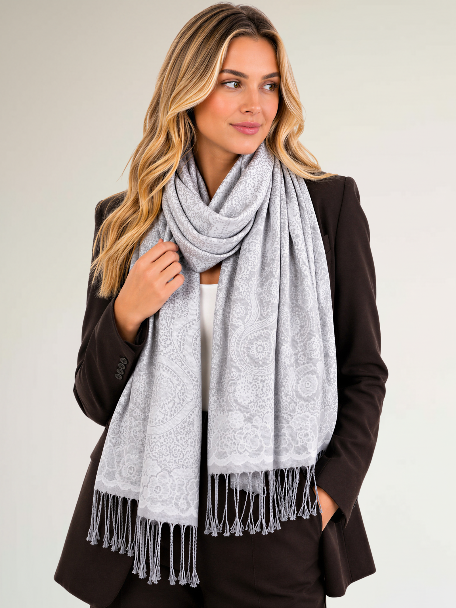 LARGE SILVER SWIRL FLORAL PRINT REVERSIBLE PASHMINA SHAWL SCARF - A-SHU.CO.UK