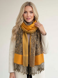 LARGE PLAIN YELLOW REVERSIBLE MULTI COLOUR PAISLEY PRINT PASHMINA SHAWL SCARF WRAP - A-SHU.CO.UK