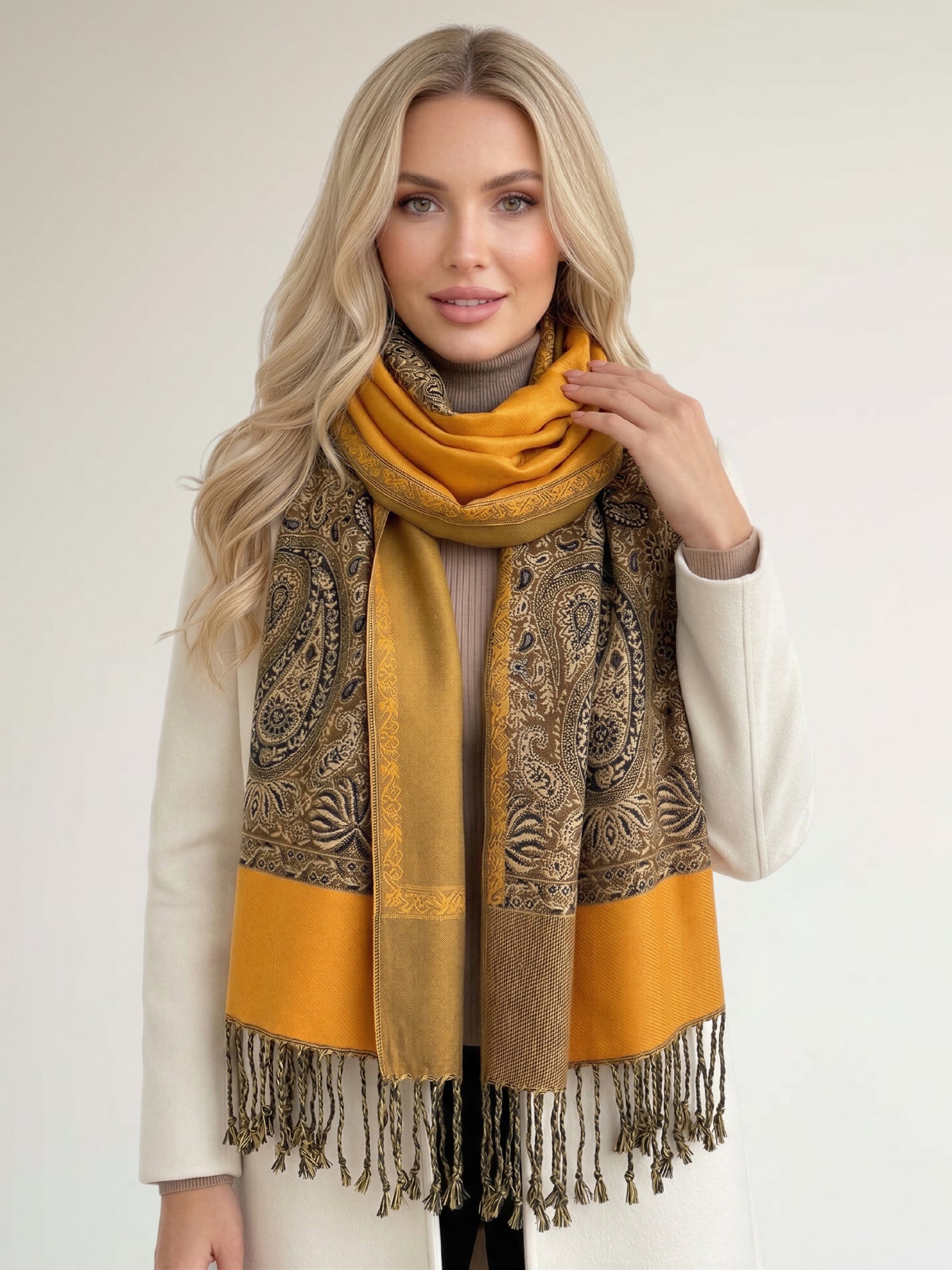 LARGE PLAIN YELLOW REVERSIBLE MULTI COLOUR PAISLEY PRINT PASHMINA SHAWL SCARF WRAP - A-SHU.CO.UK