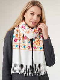 LARGE WHITE FLOWER PRINT CASHMERE COTTON BLEND WINTER SHAWL BLANKET SCARF