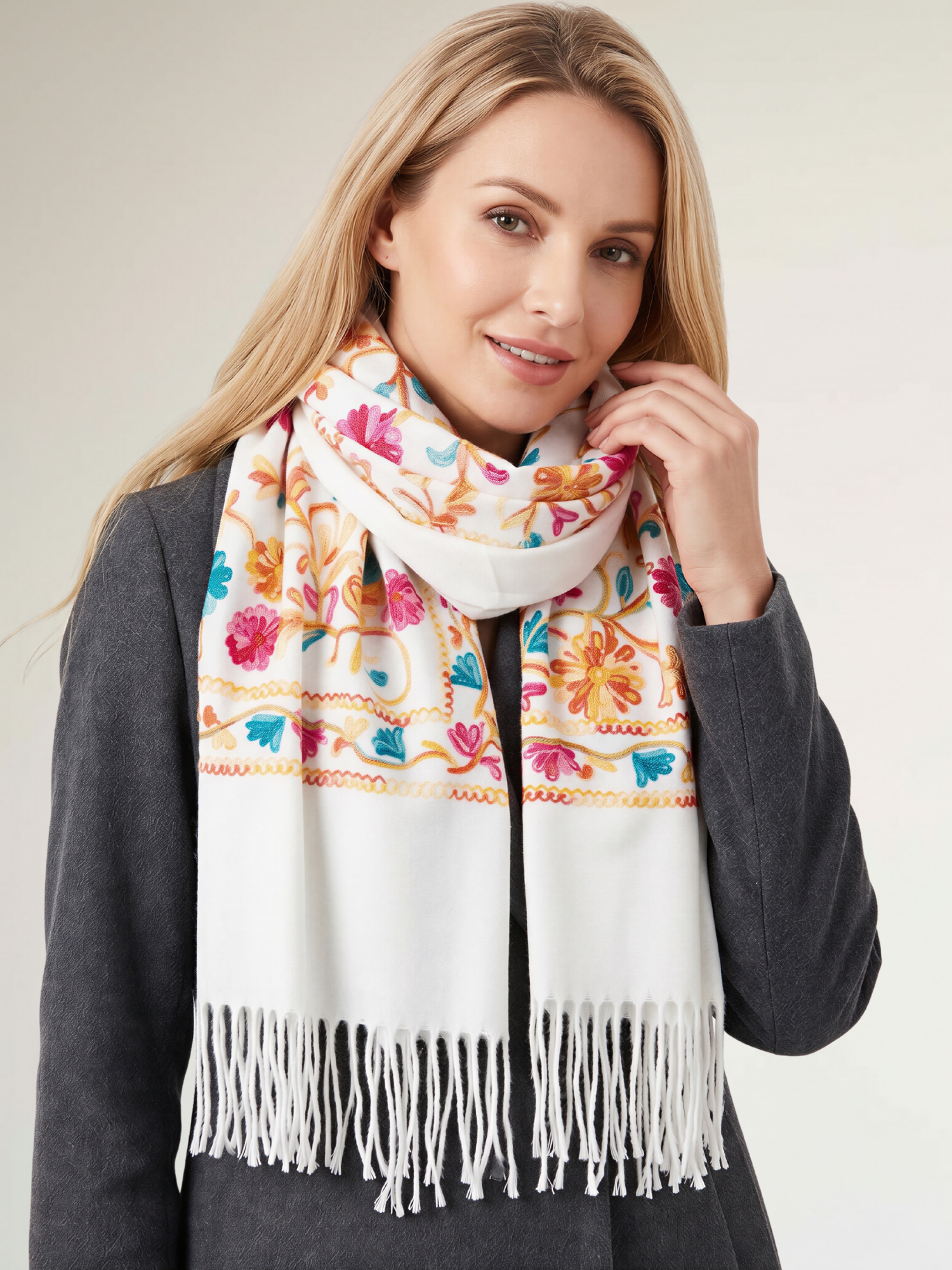 LARGE WHITE FLOWER PRINT CASHMERE COTTON BLEND WINTER SHAWL BLANKET SCARF