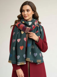 LARGE CHECKED HEART PRINT REVERSIBLE WINTER SHAWL BLANKET SCARF - TEAL