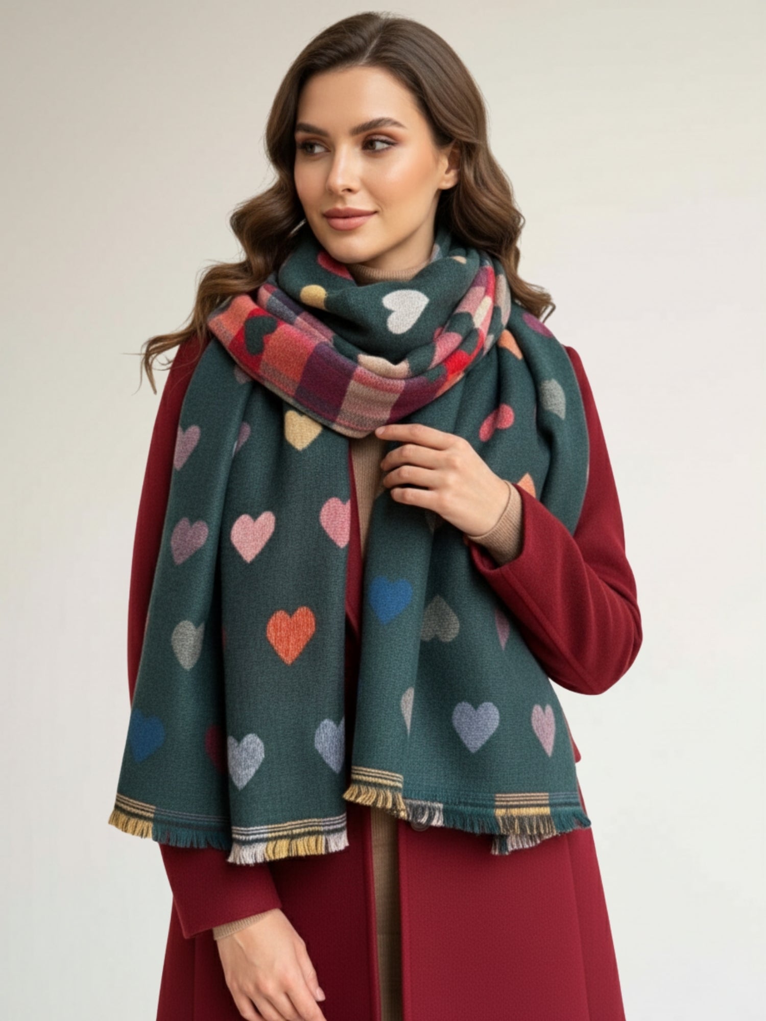 LARGE CHECKED HEART PRINT REVERSIBLE WINTER SHAWL BLANKET SCARF - TEAL
