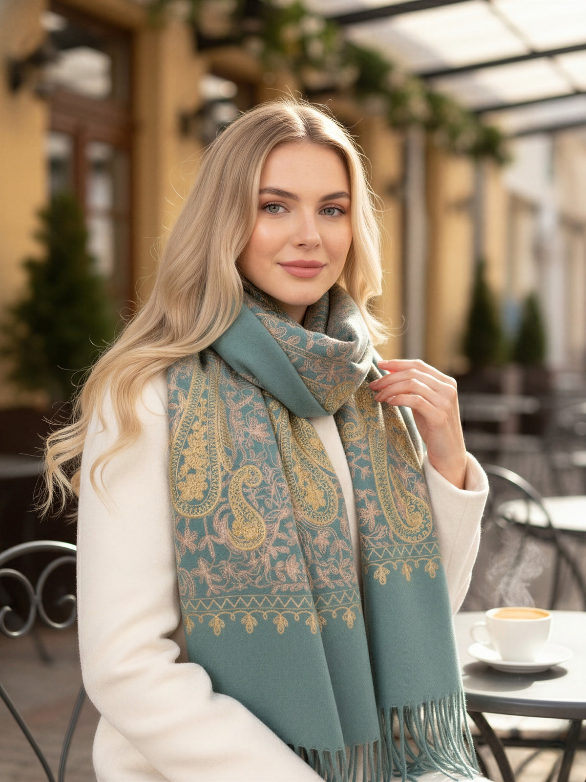 LARGE PASTEL GREEN PAISLEY CASHMERE COTTON BLEND WINTER SHAWL BLANKET SCARF