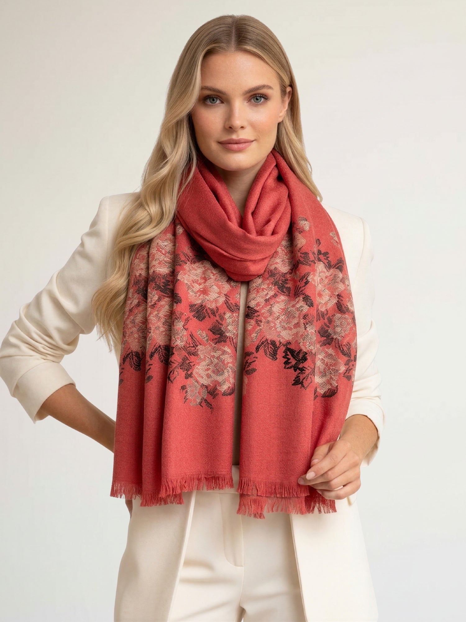 LARGE RUSTIC ORANGE FLORAL PRINT SILKY FEEL PASHMINA SHAWL SCARF - A-SHU.CO.UK