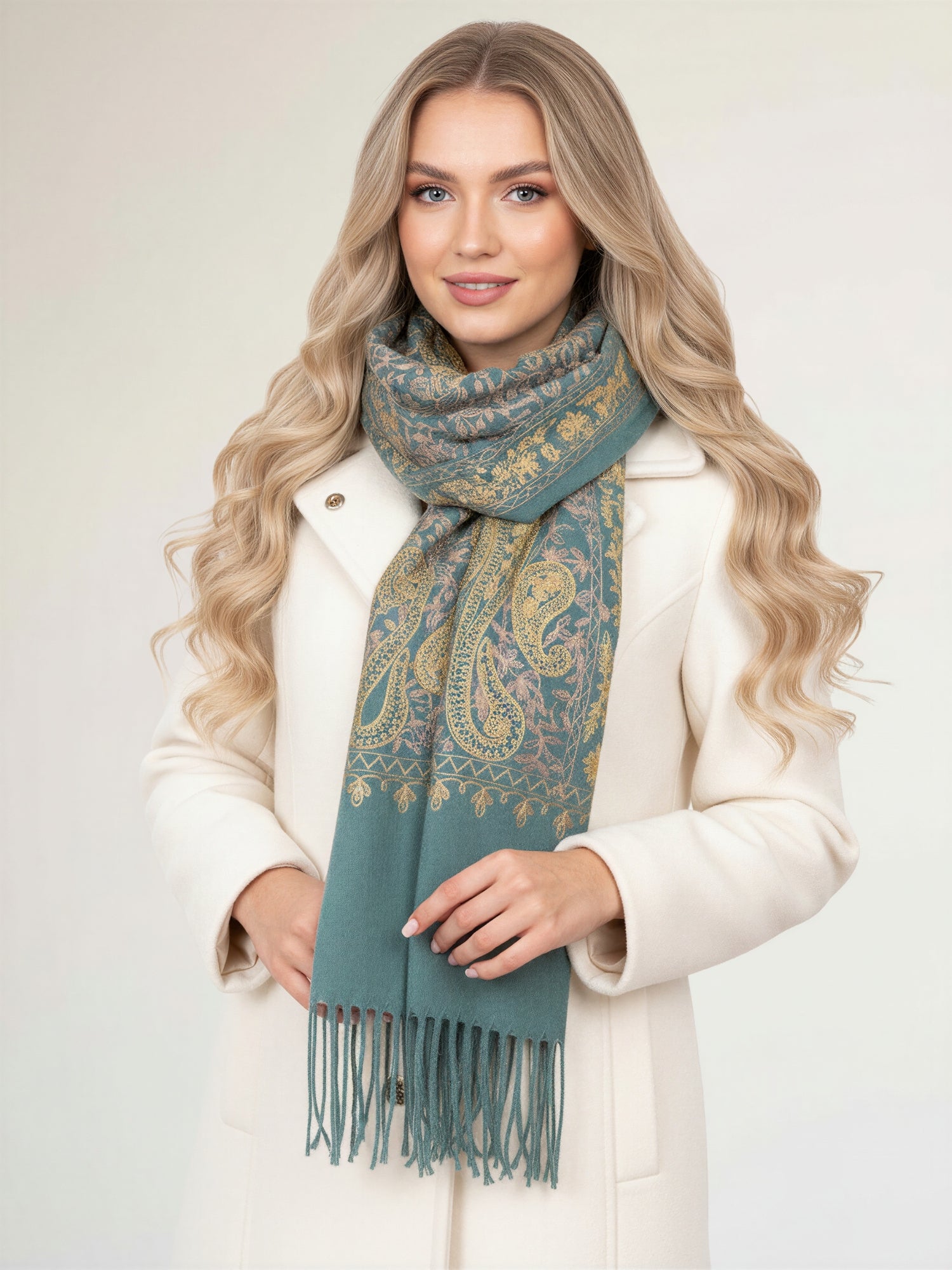 LARGE PASTEL GREEN PAISLEY CASHMERE COTTON BLEND WINTER SHAWL BLANKET SCARF