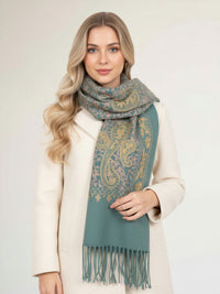 LARGE PASTEL GREEN PAISLEY CASHMERE COTTON BLEND WINTER SHAWL BLANKET SCARF