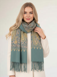 LARGE PASTEL GREEN PAISLEY CASHMERE COTTON BLEND WINTER SHAWL BLANKET SCARF
