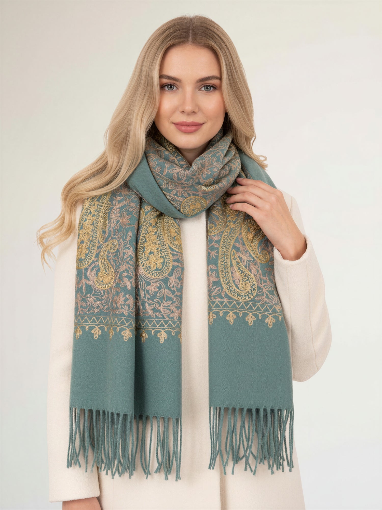 LARGE PASTEL GREEN PAISLEY CASHMERE COTTON BLEND WINTER SHAWL BLANKET SCARF