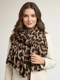 BROWN COTTON BLEND CLASSIC LEOPARD PRINT SCARF