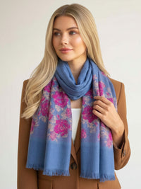 LARGE BLUE FLORAL PRINT SILKY FEEL PASHMINA SHAWL SCARF - A-SHU.CO.UK