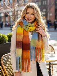YELLOW CHECKED WOOL RAINBOW BLANKET SCARF OVERSIZED WINTER SHAWL WRAP