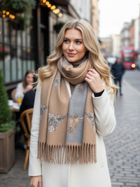 LARGE CAMEL HIGHLAND COW CASHMERE REVERSIBLE SHAWL SCARF