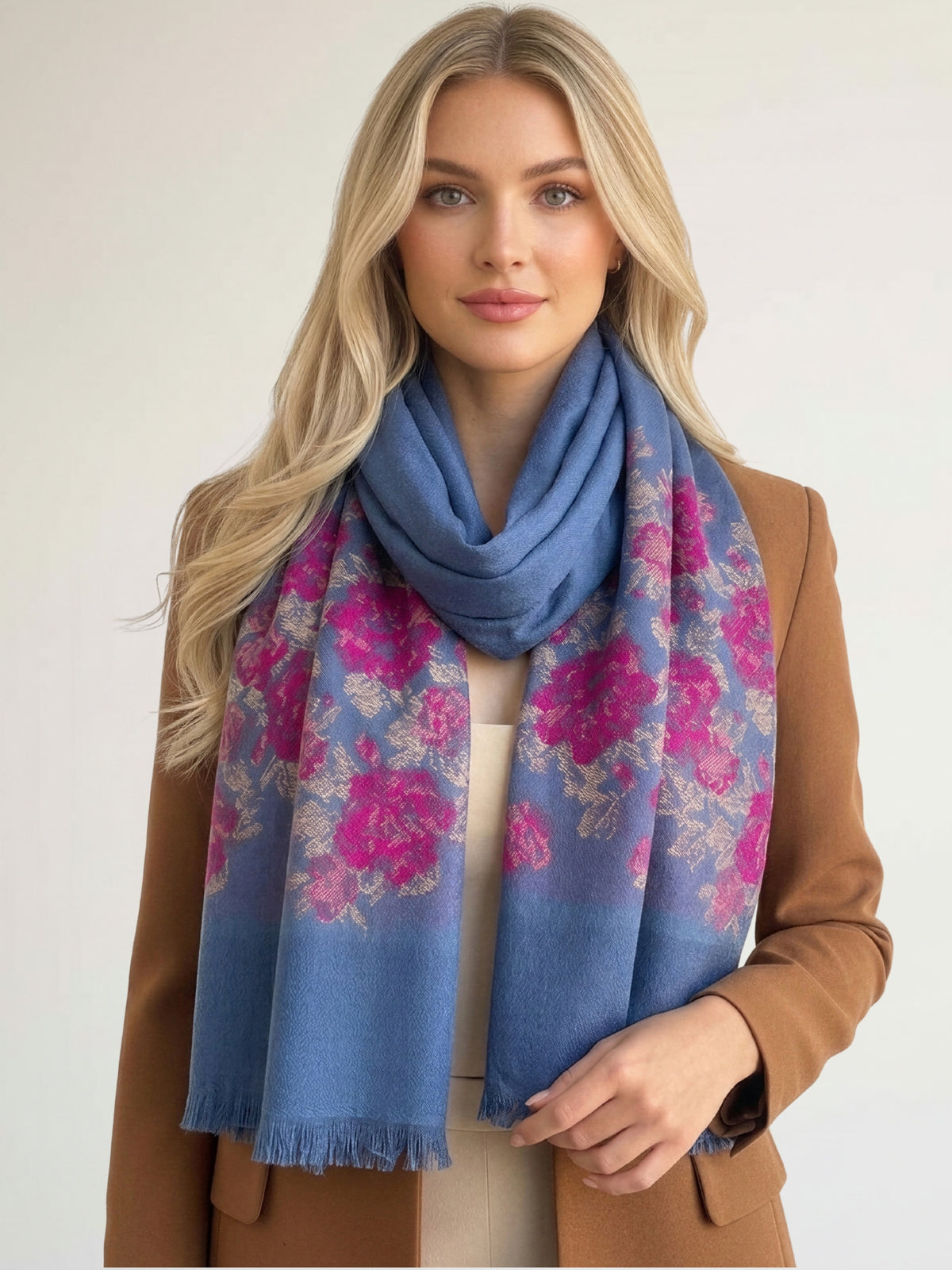 LARGE BLUE FLORAL PRINT SILKY FEEL PASHMINA SHAWL SCARF - A-SHU.CO.UK