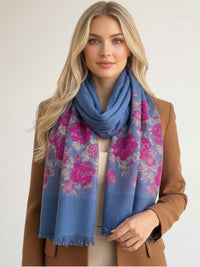 LARGE BLUE FLORAL PRINT SILKY FEEL PASHMINA SHAWL SCARF - A-SHU.CO.UK