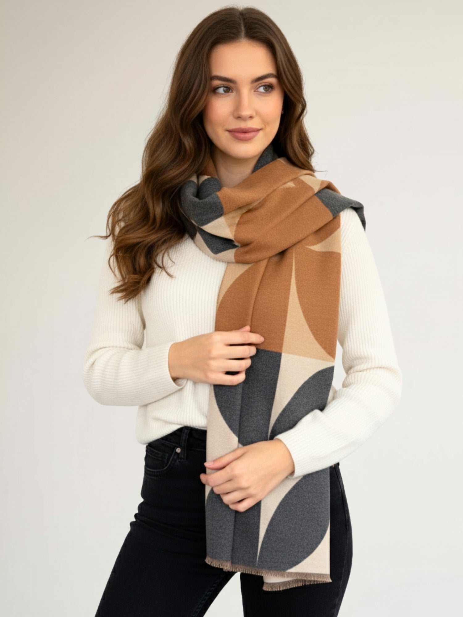 LARGE GREY CASHMERE RETRO PRINT REVERSIBLE WINTER SHAWL BLANKET SCARF