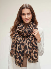 BROWN COTTON BLEND CLASSIC LEOPARD PRINT SCARF