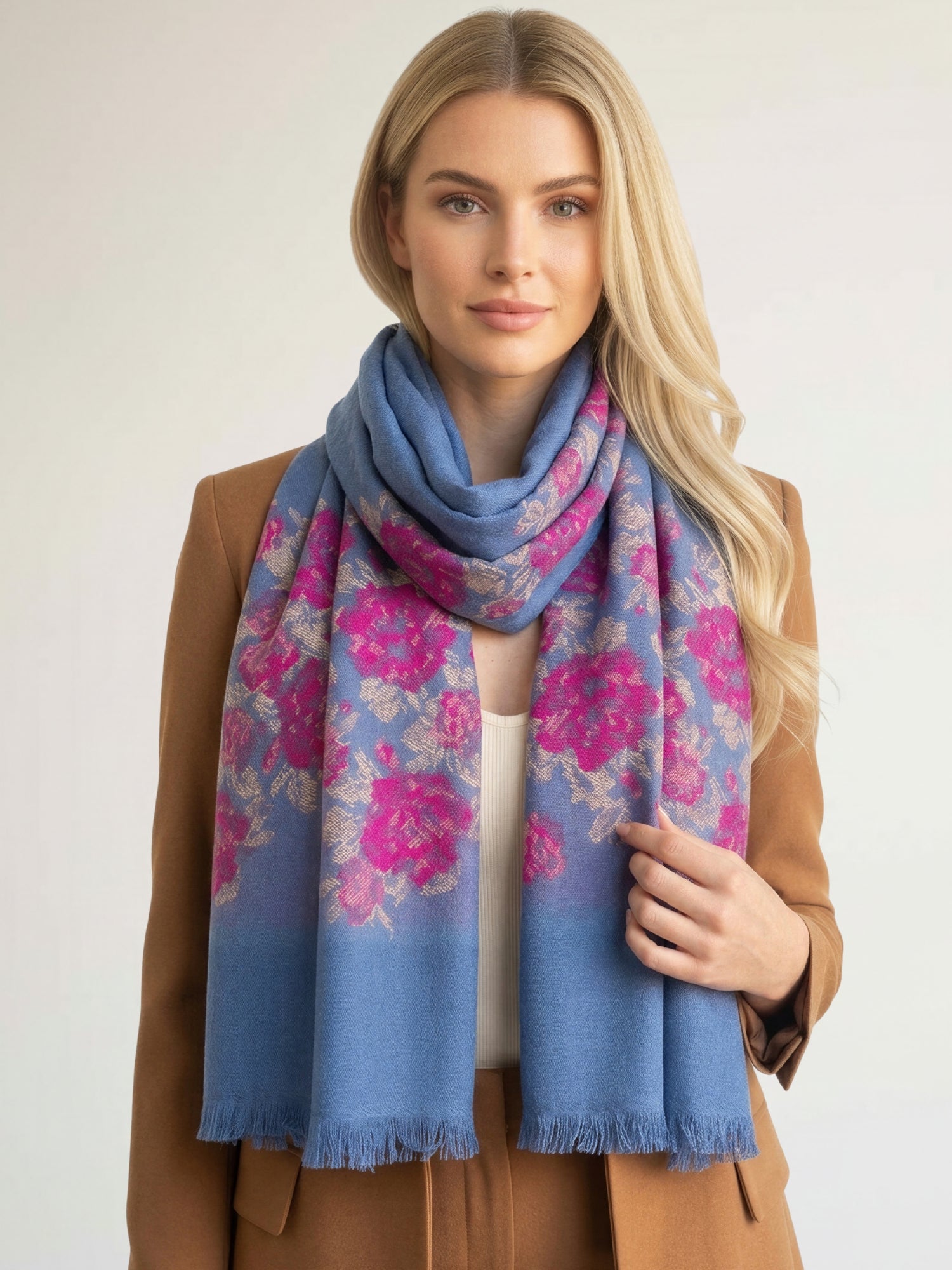 LARGE BLUE FLORAL PRINT SILKY FEEL PASHMINA SHAWL SCARF - A-SHU.CO.UK